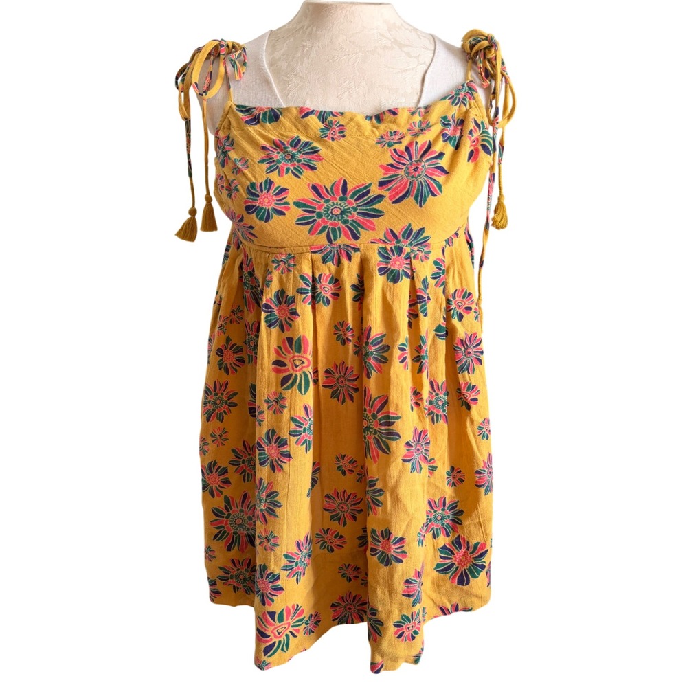 Free People Mustard Yellow Floral Tassel Tie Strap Baby Doll Tunic Top Medium
